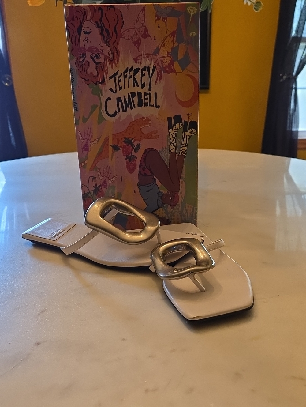 Jeffrey Campbell White Square-Toe Slide Sandals with Silver Buckles